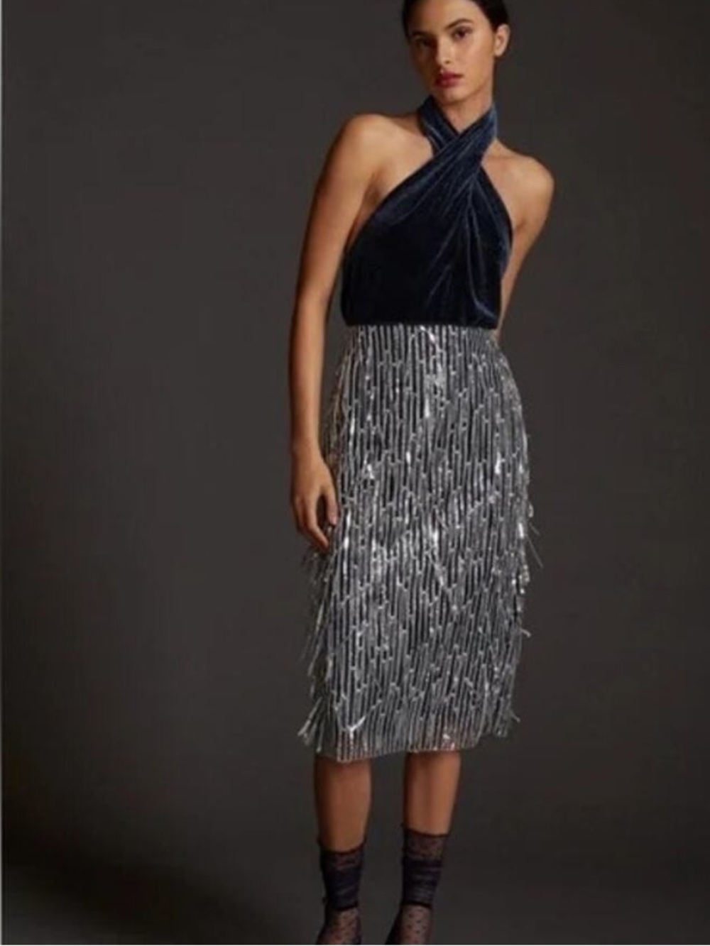 Anthropologie Maeve Fringed Sequined Midi Skirt Womens 4 Silver NWT Side Slit
